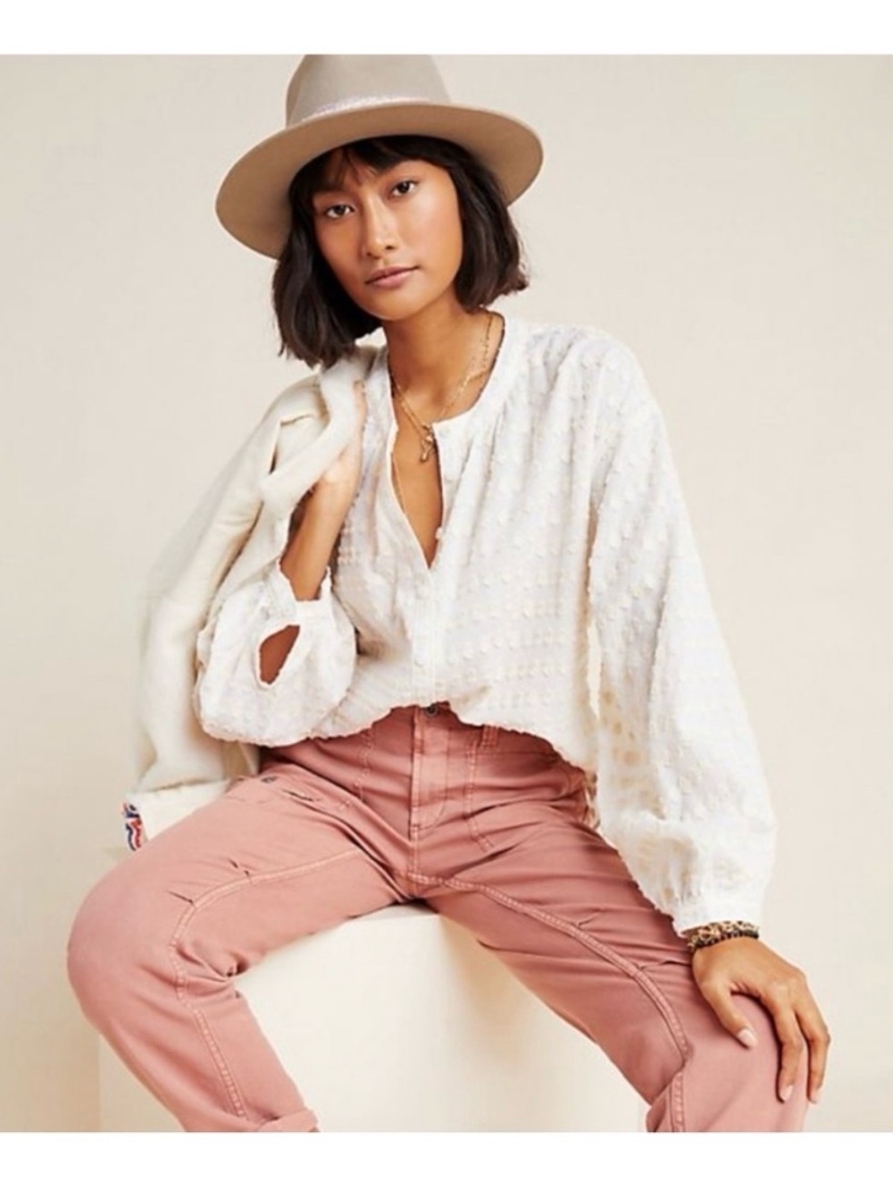 Pilcro by Anthropologie Cream Textured Balloon-Sleeve Blouse